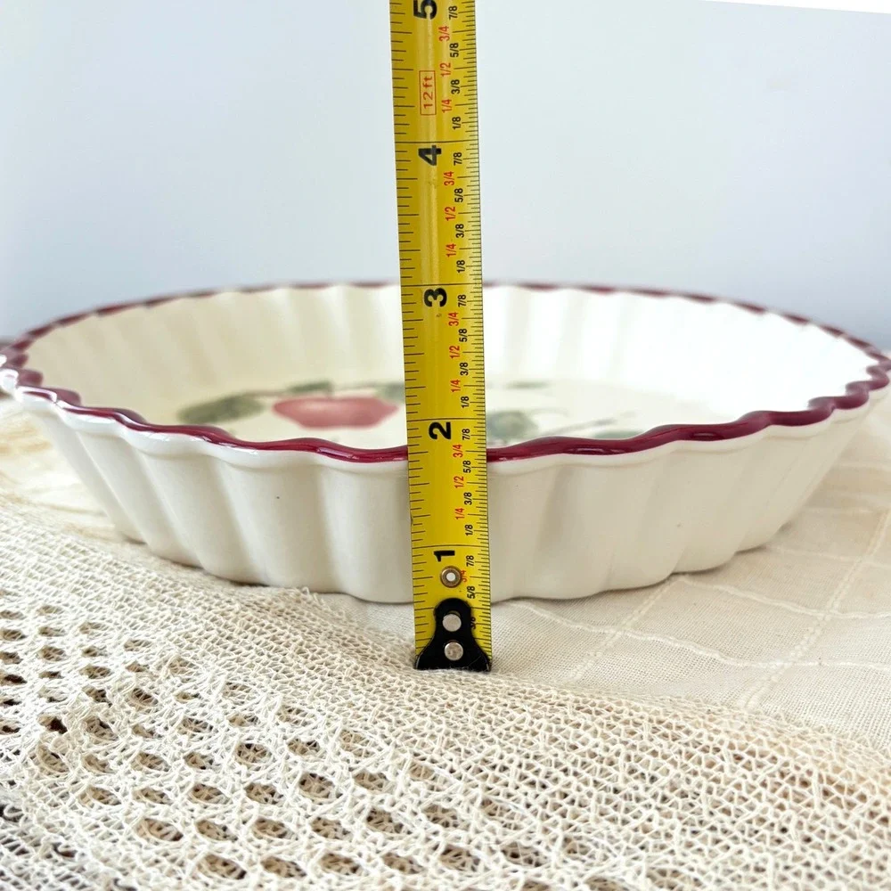 Vintage Ceramic Apple Orchard Fluted Tart Pan Quiche Dish Red Burgundy 10 Inch